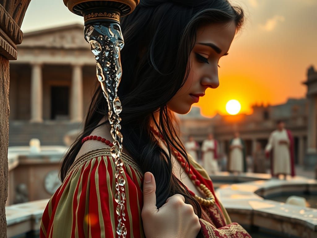 Young Greek Woman at Stone Fountain: Hyperrealistic Close-Up