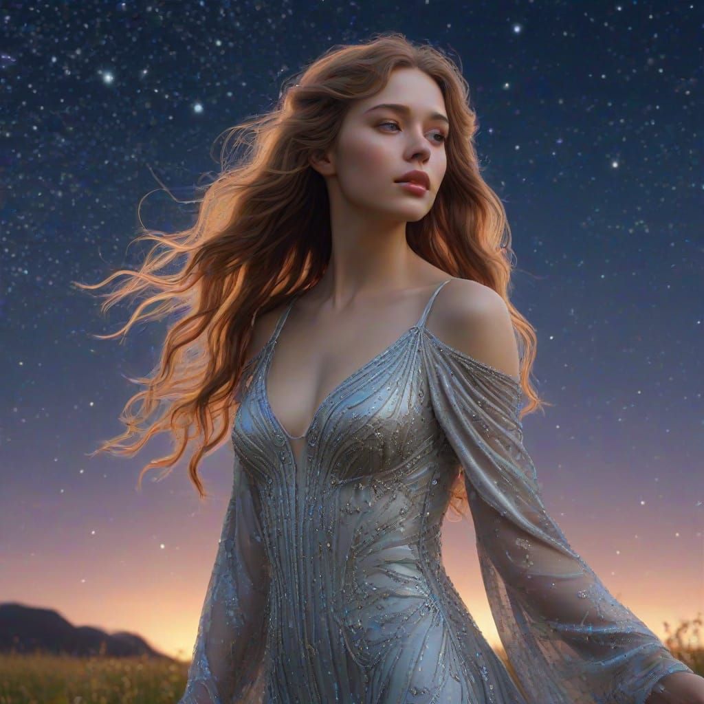 Celestial Woman in Starry Field: Art Nouveau Style