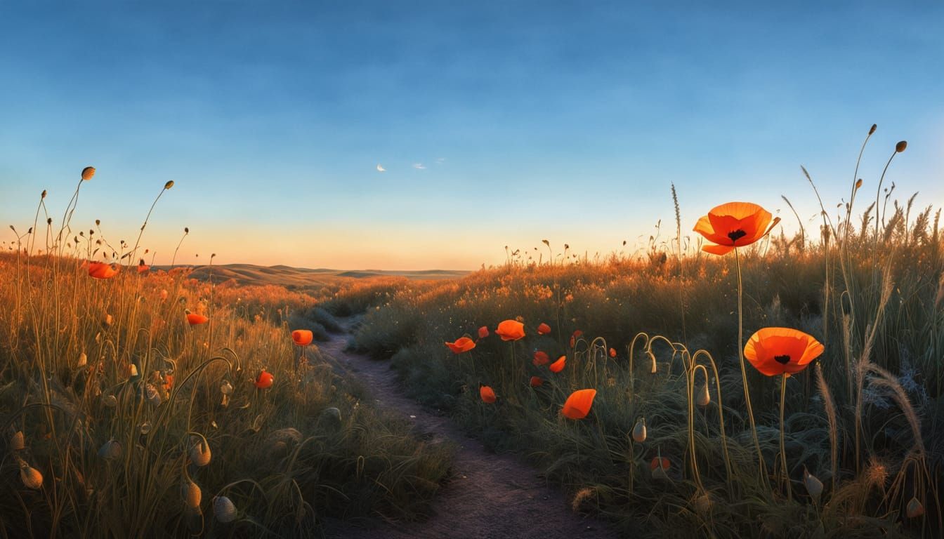 Serene Autumn Valley Charcoal Drawing with Vibrant Poppy