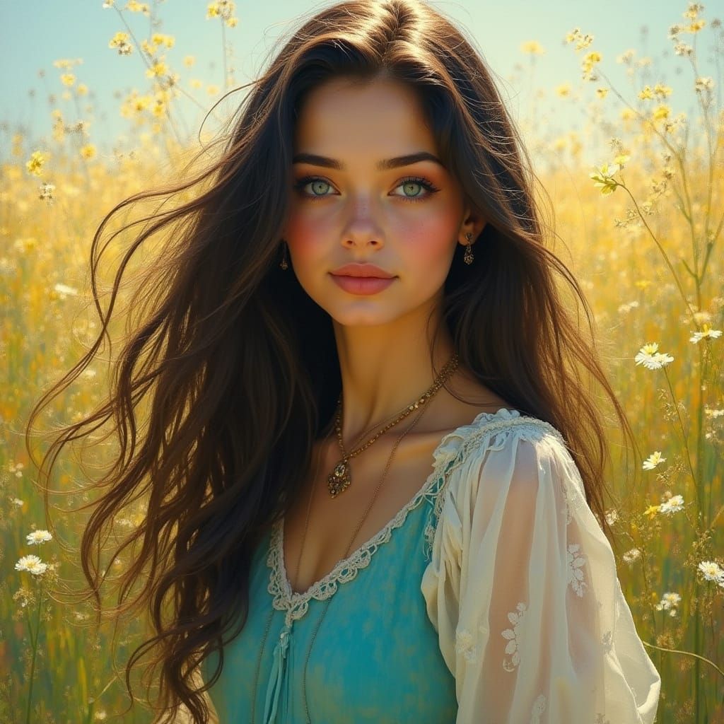 Woman in Turquoise Dress in Sunlit Meadow