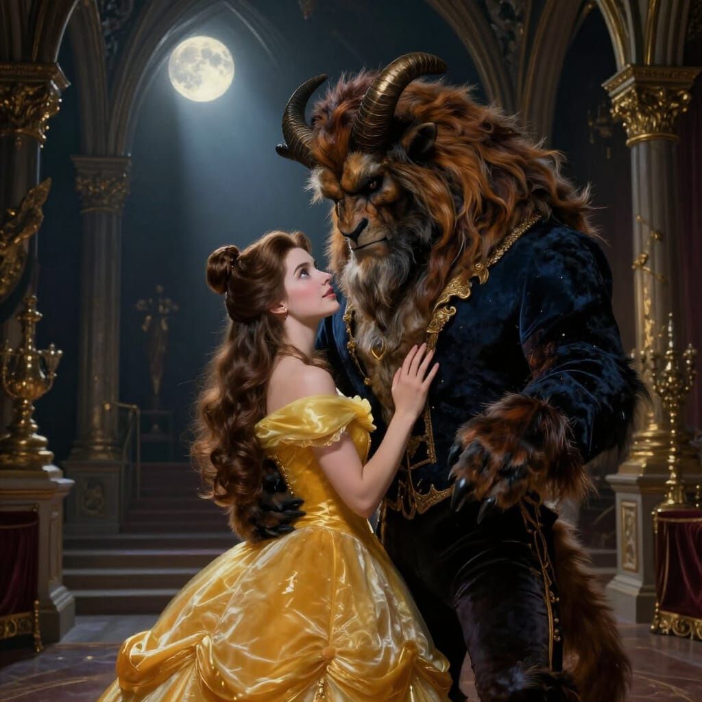 Belle and the Beast in Romantic Oil Painting Style