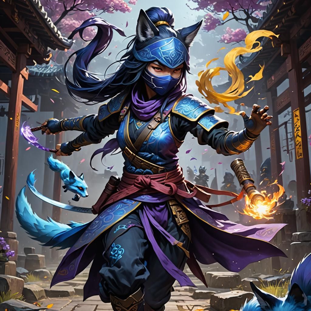 Female Ninja with Kitsune in Dark Fantasy Art