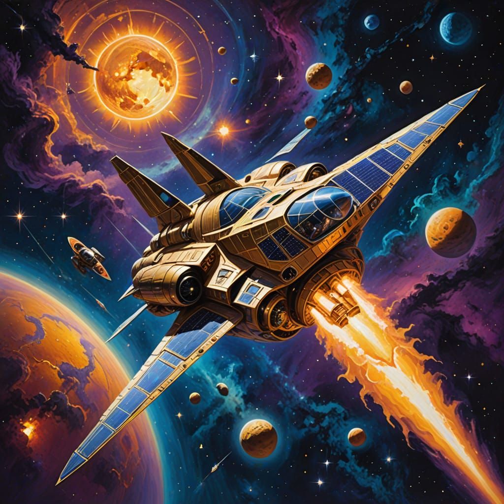 Solar Queen Spacecraft in Golden Light amidst a Nebula