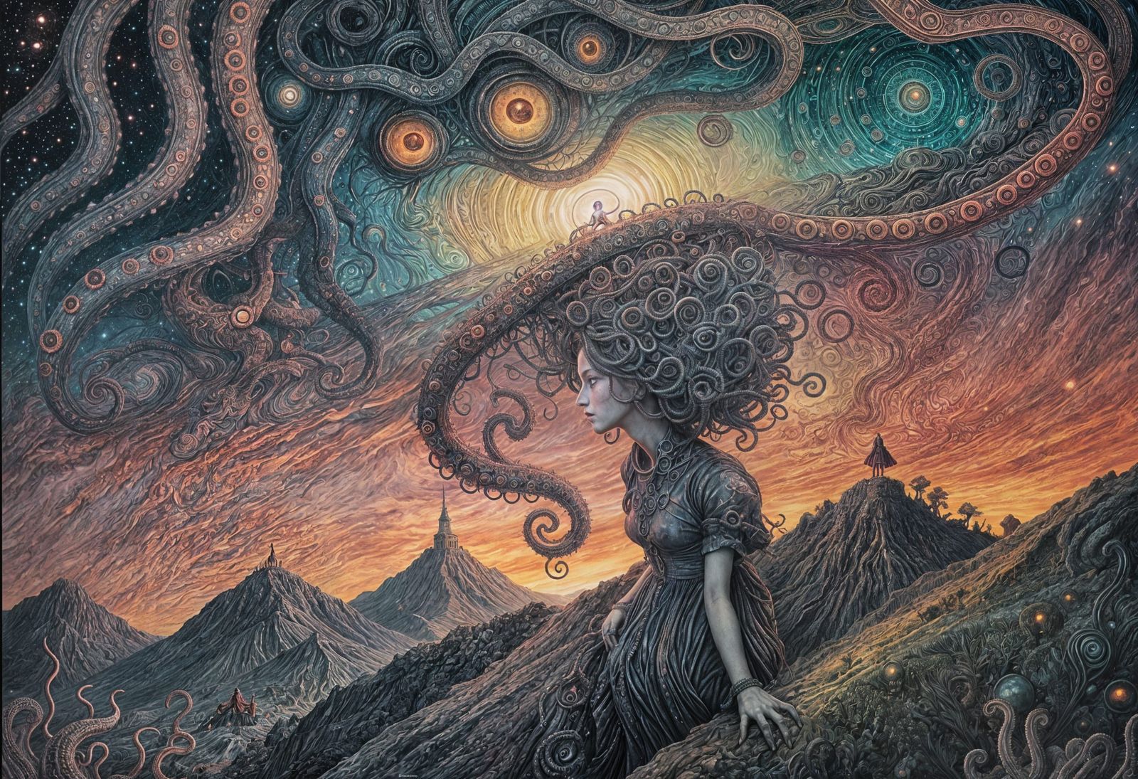 Woman Under Cosmic Eye: Surreal Illustration
