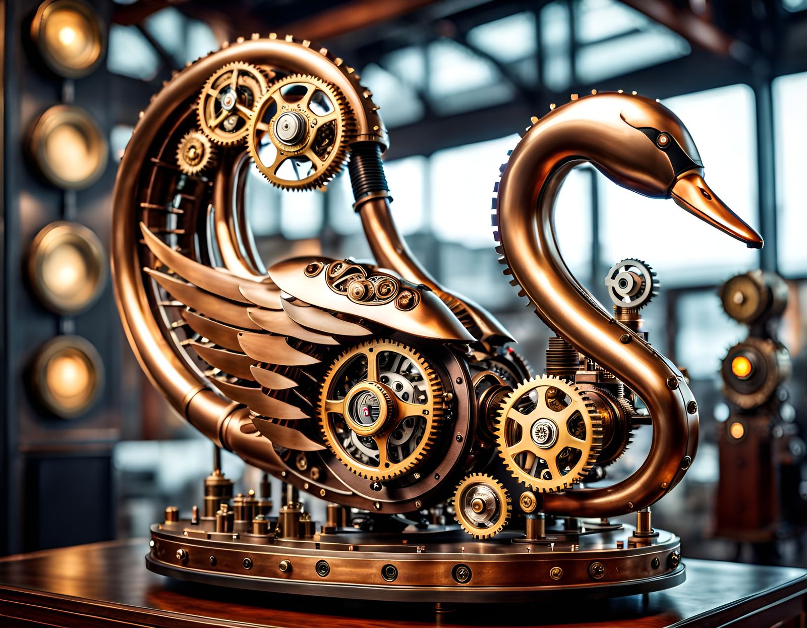 Biomechanical Steampunk Swan Displayed in Art Gallery