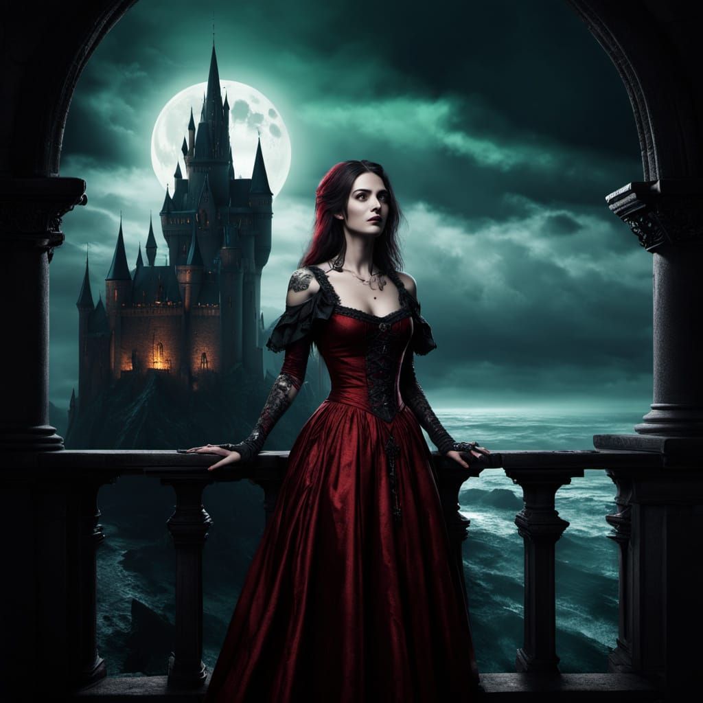 Gothic Beauty: Woman in Red Dress on Castle Balcony