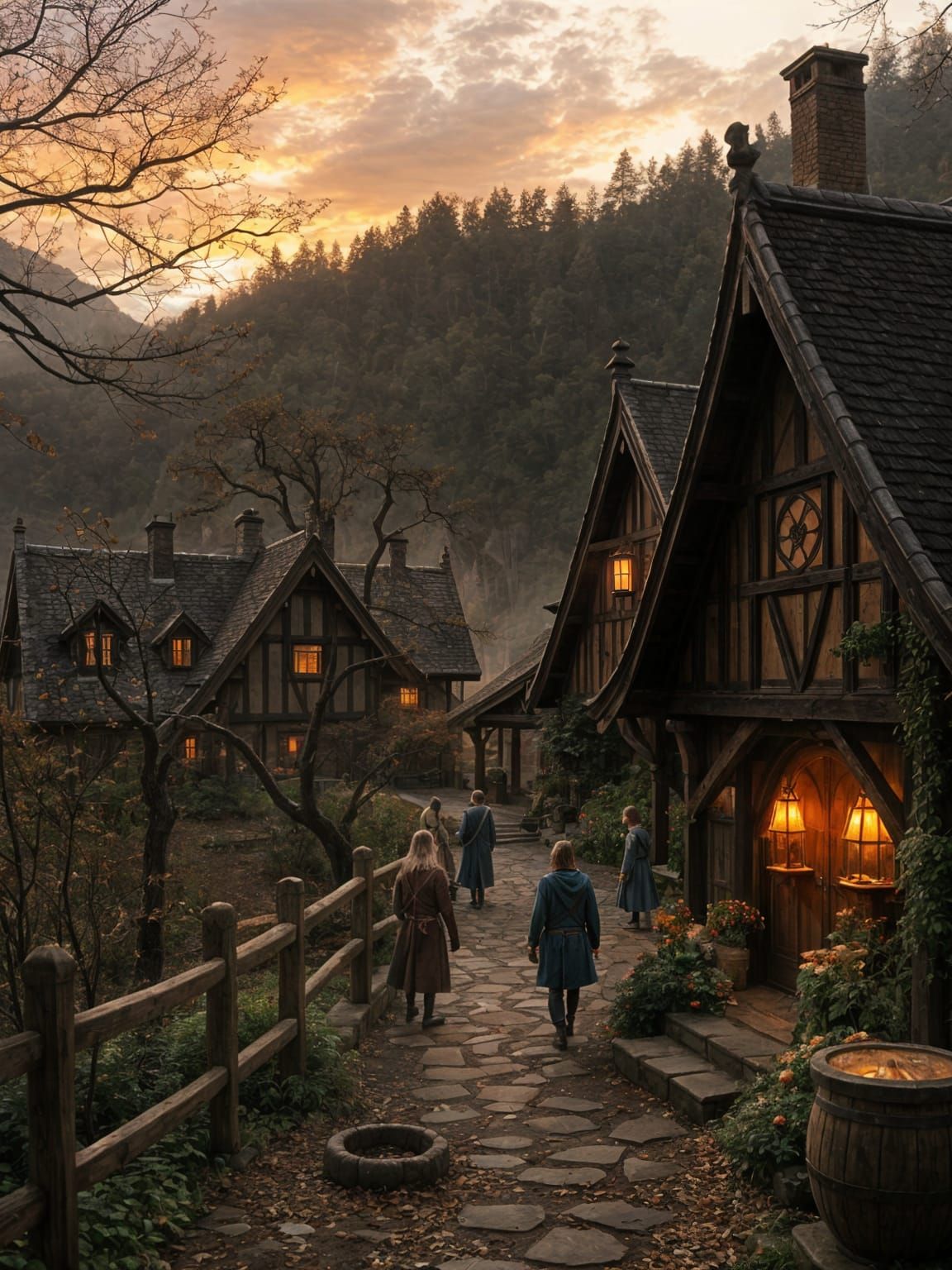 Fellowship's Sunset Arrival at Rivendell in Autumn
