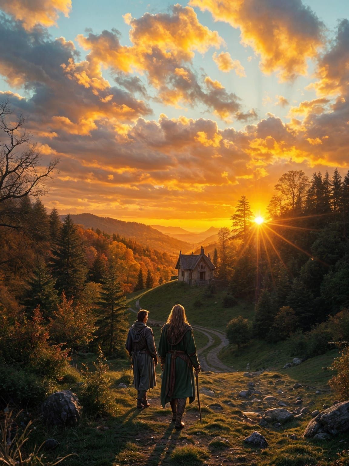 Fellowship's Rivendell Arrival at Autumn Sunset