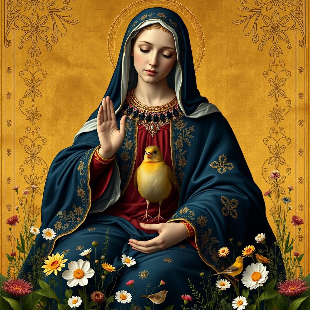 Madonna in Opulent Dark Blue Gown Holding Christ Child in Ic...