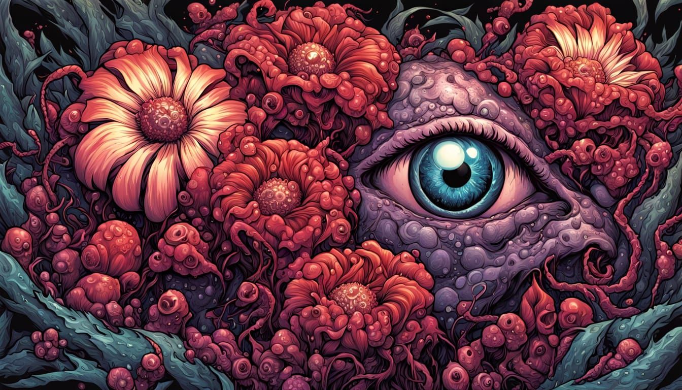 Bloody Eyeball Flowers in Comic Book Art Style