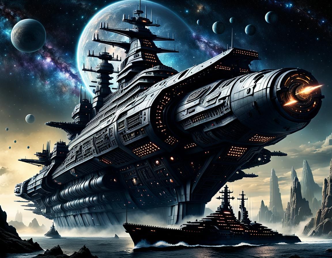 Colossal Space Battleship Silhouetted Against Cosmic Vistas