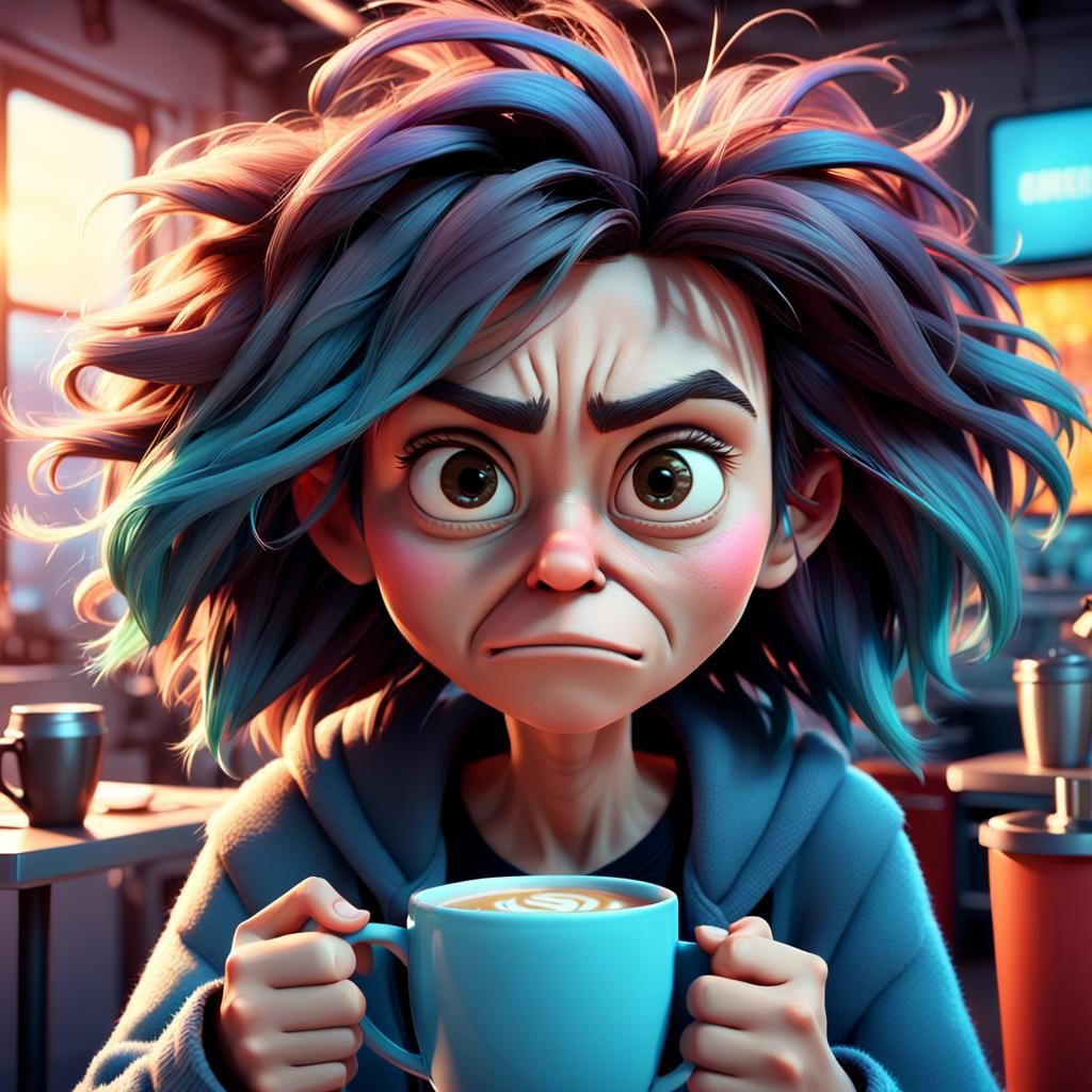 Grumpy Woman with Coffee: Pixar-Style 3D Art