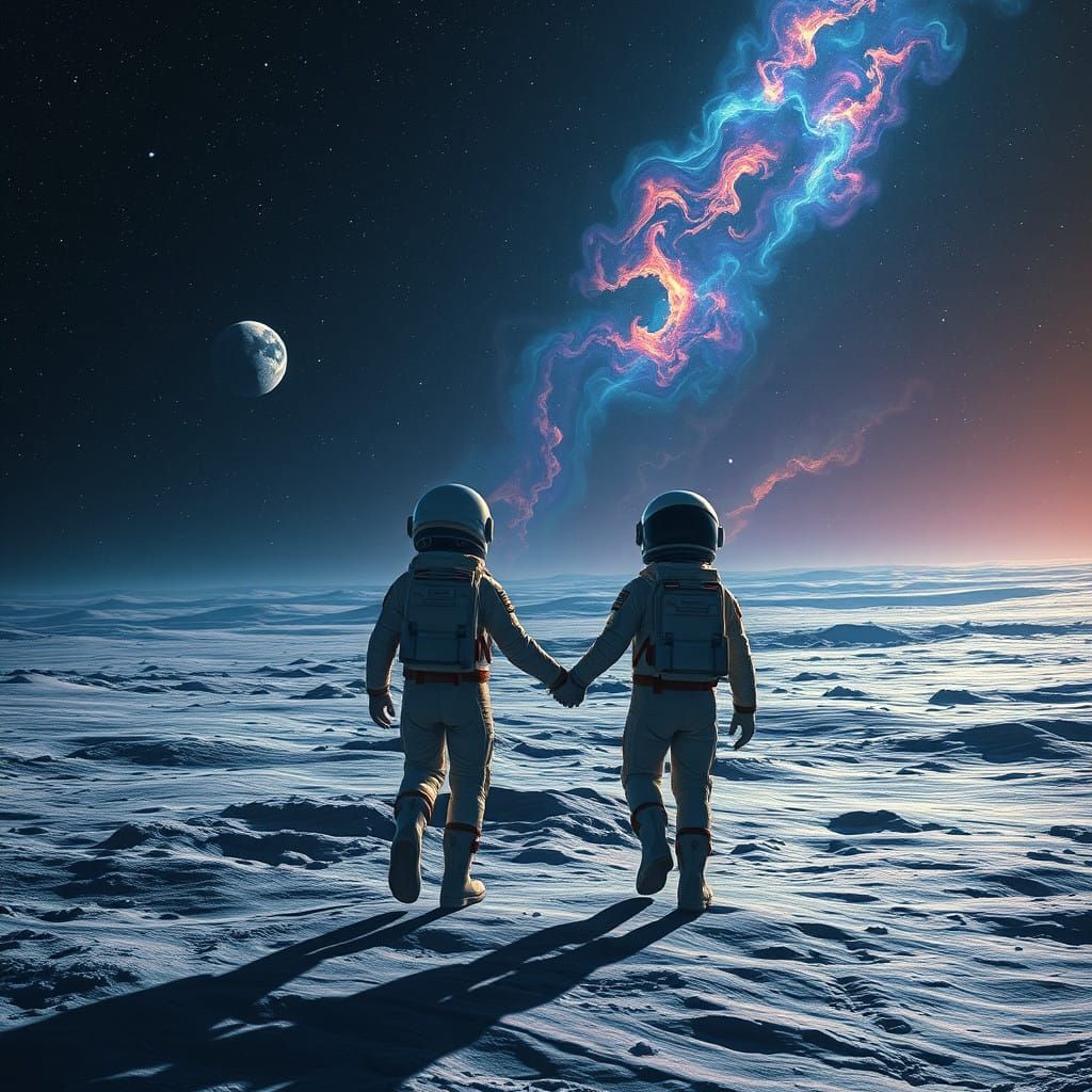 Dreamy Futuristic Lunar Landscape in Vibrant, Swirling Nebul...