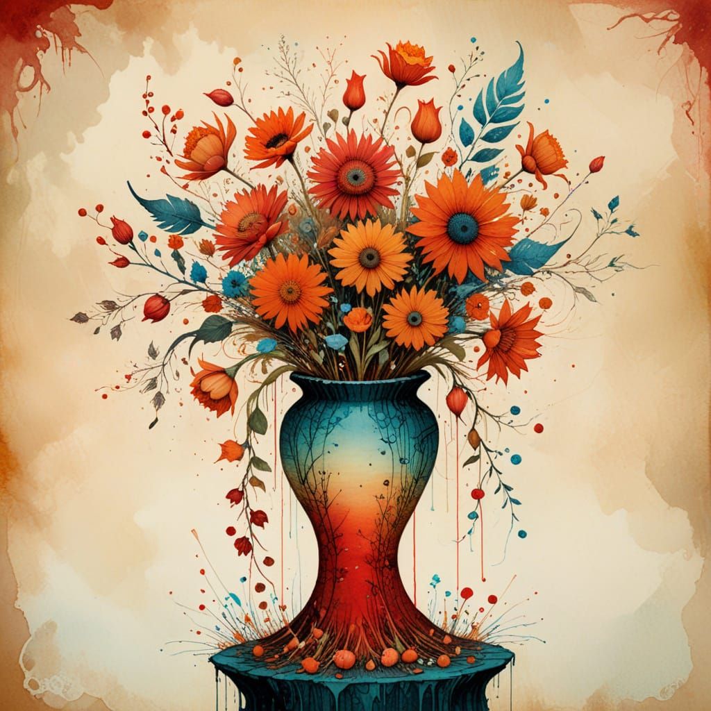 Whimsical Watercolor Vase of Vibrant Red and Tangerine Flowe...