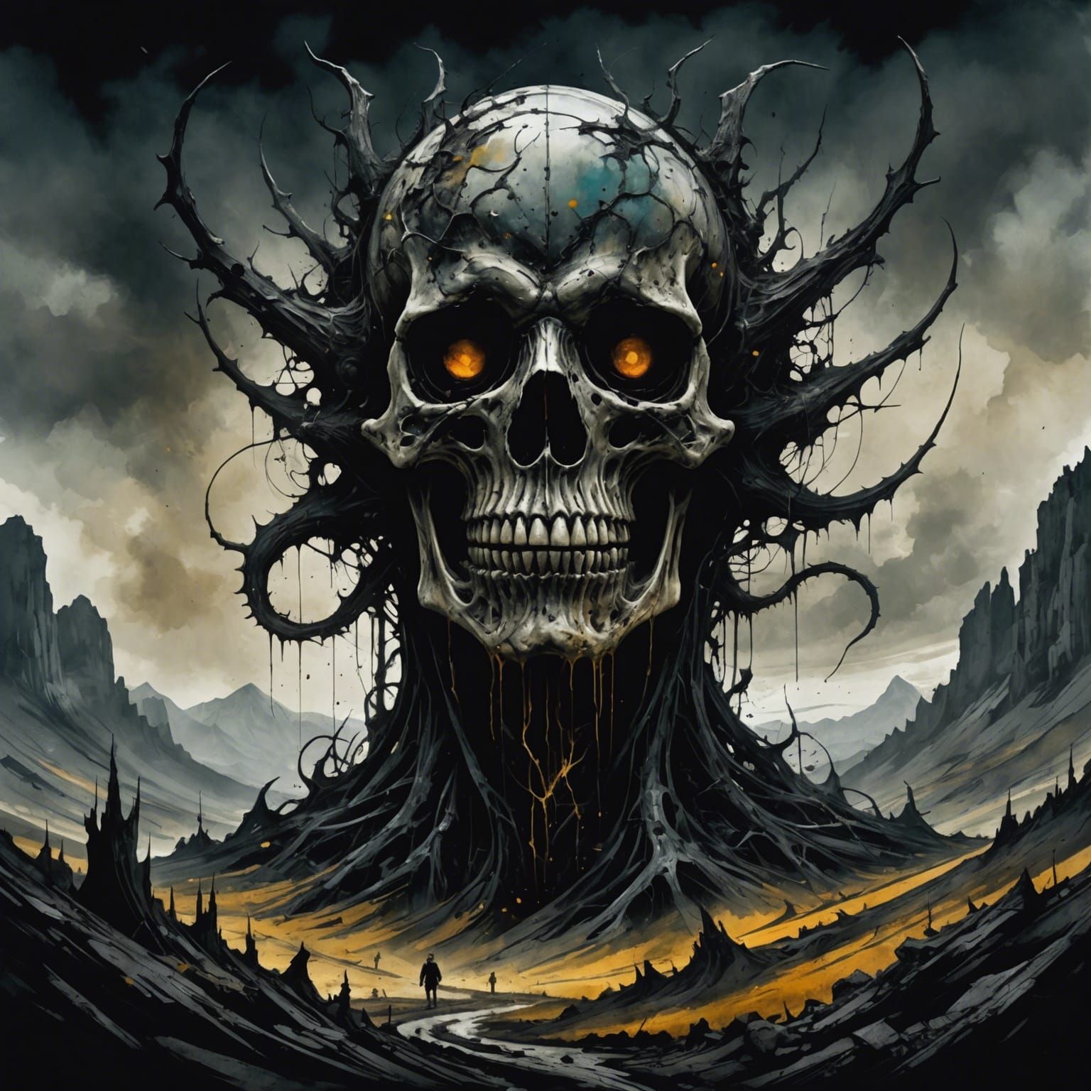 Eldritch Mountains in Macabre Ink and Watercolor Style