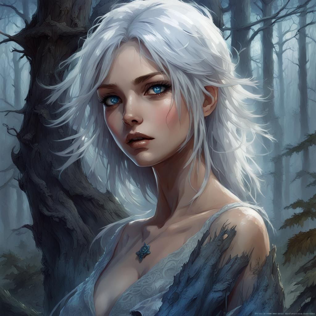 Anime Portrait of Silver-Haired Girl in Misty Forest