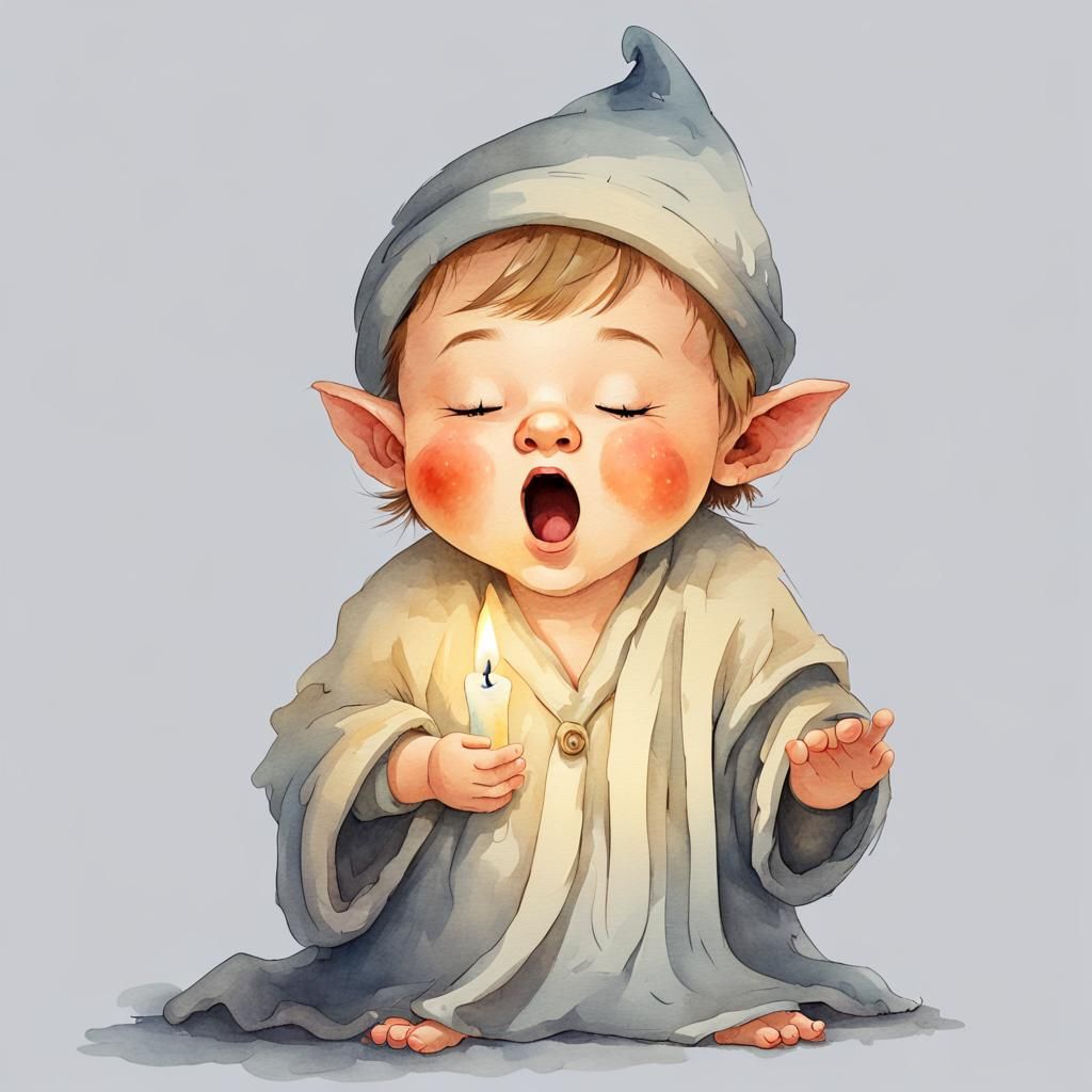 Cute Dwarf Yawning in Morning Gown Watercolor