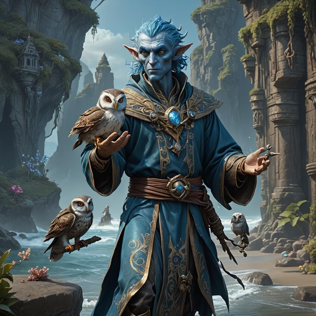 Blue Sea Elf Orator Casting Spell, Detailed Matte Painting