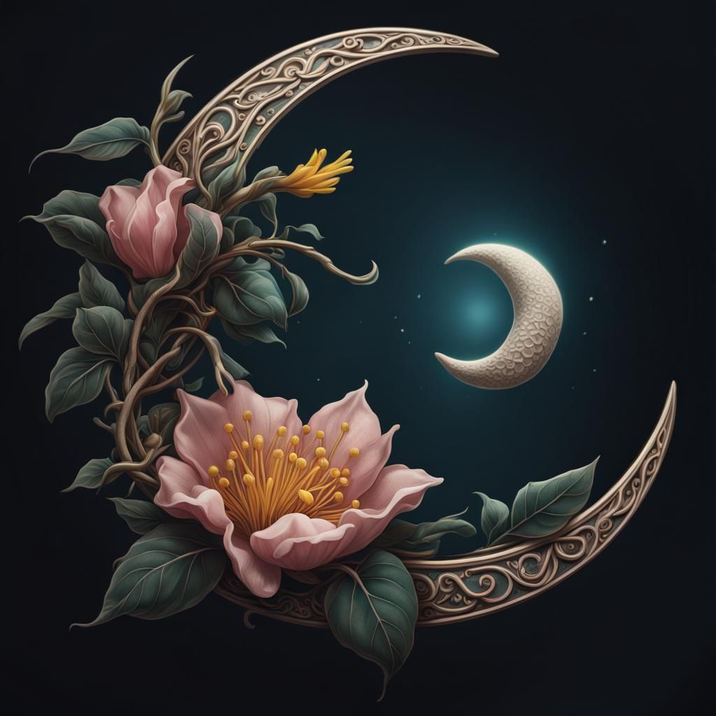 Tattoo of an elegant honeysuckle flower next to a crescent moon, natural