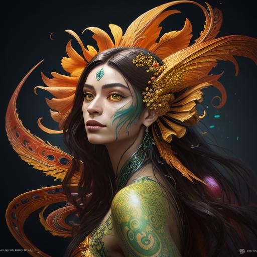 Dragon Woman with Flowers in Expressionist Style