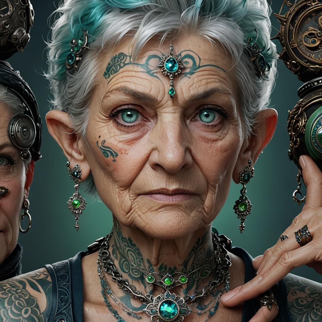 Tattooed Granny with Silver Mohawk: Fantasy Art