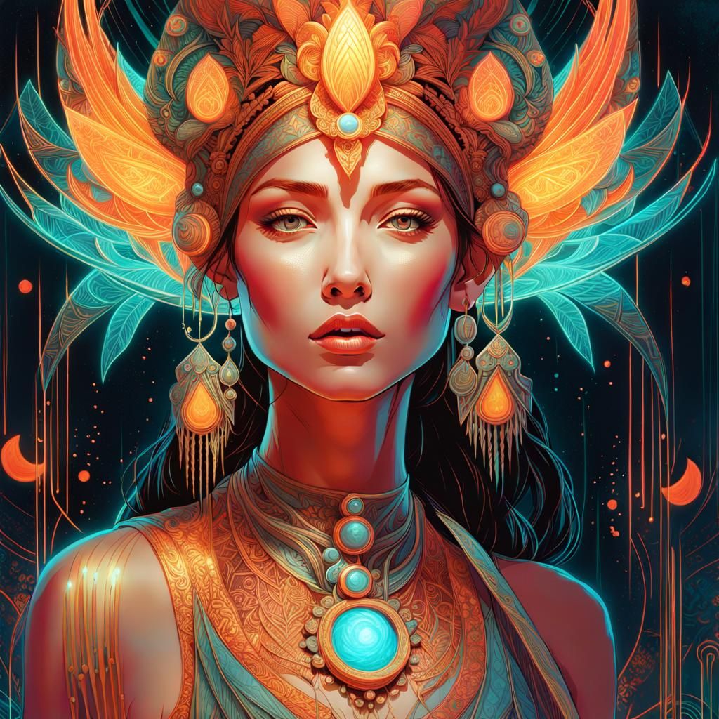Neon Goddess Portrait with Glowing Outlines