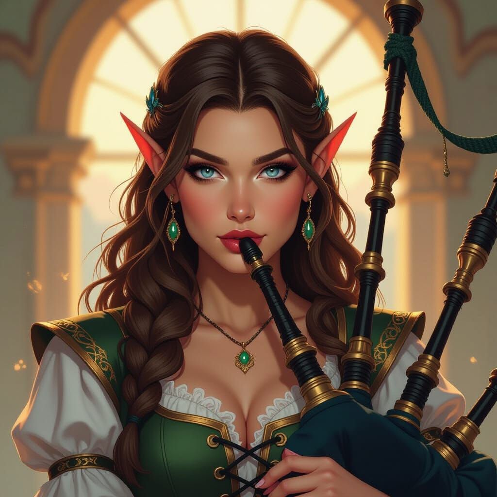 Elf Woman Plays Bagpipe in Frank Cho Style
