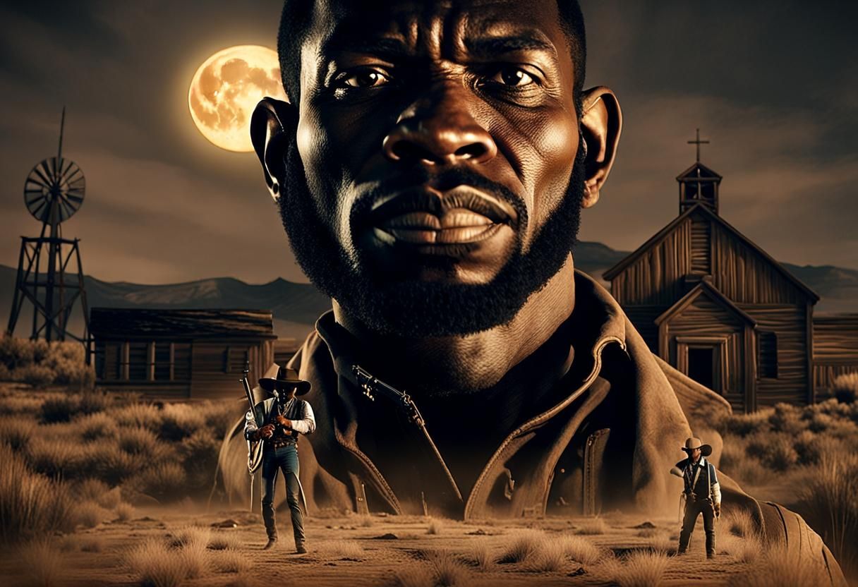 Black Cowboy Under Moonlight: Western Film Still