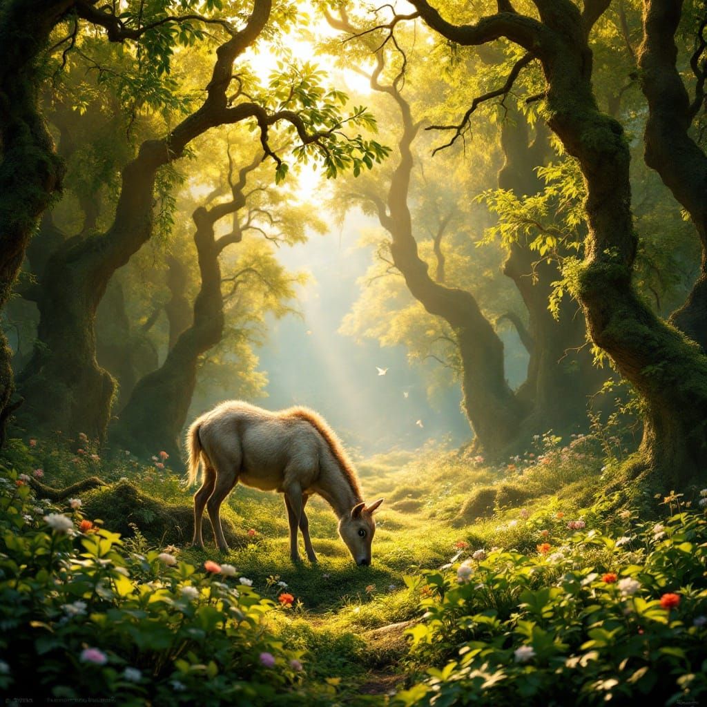 Idyllic Pleistocene Forest Scene in a Fantasy CGI Style