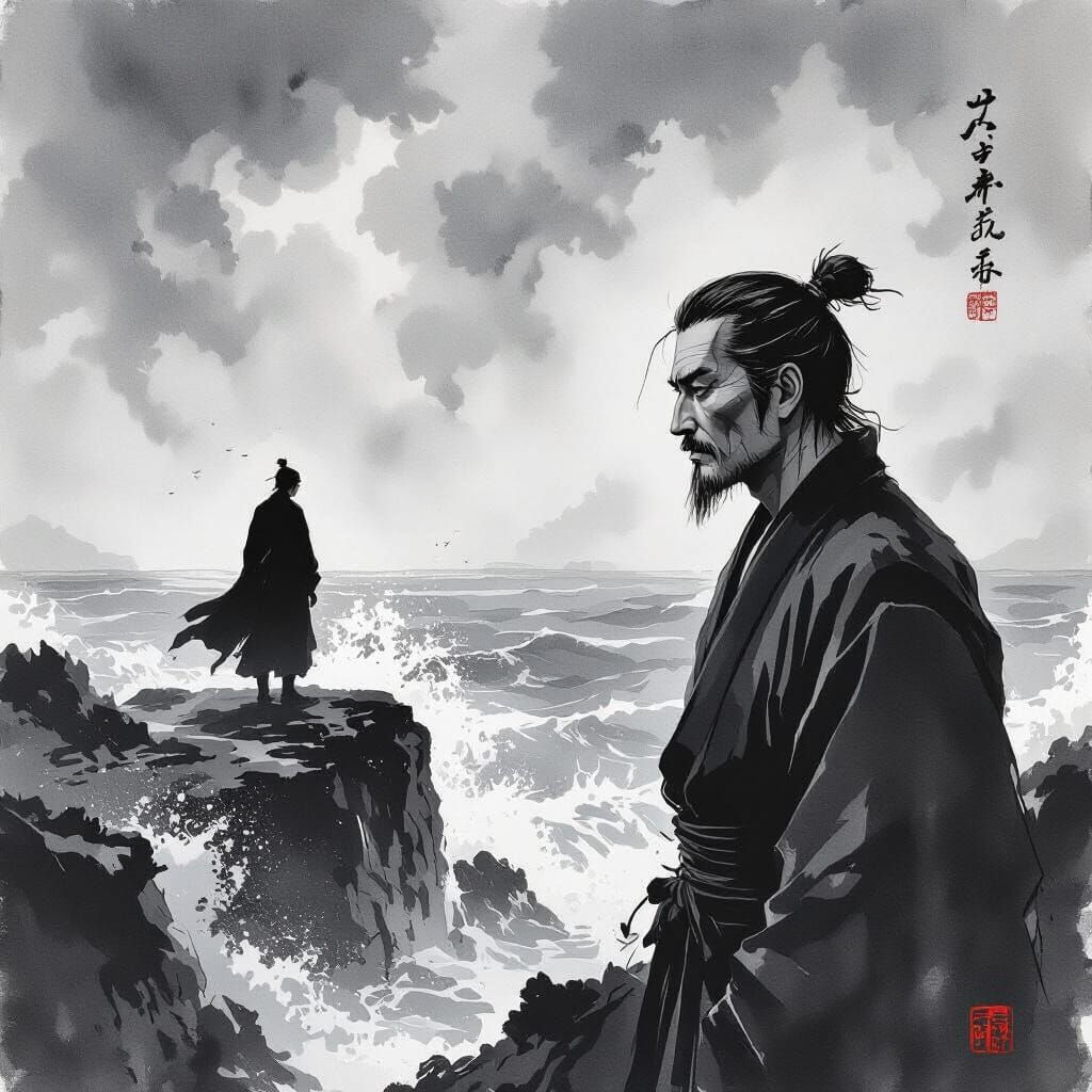 Man Overlooking Stormy Sea in Sumi-e Ink Style