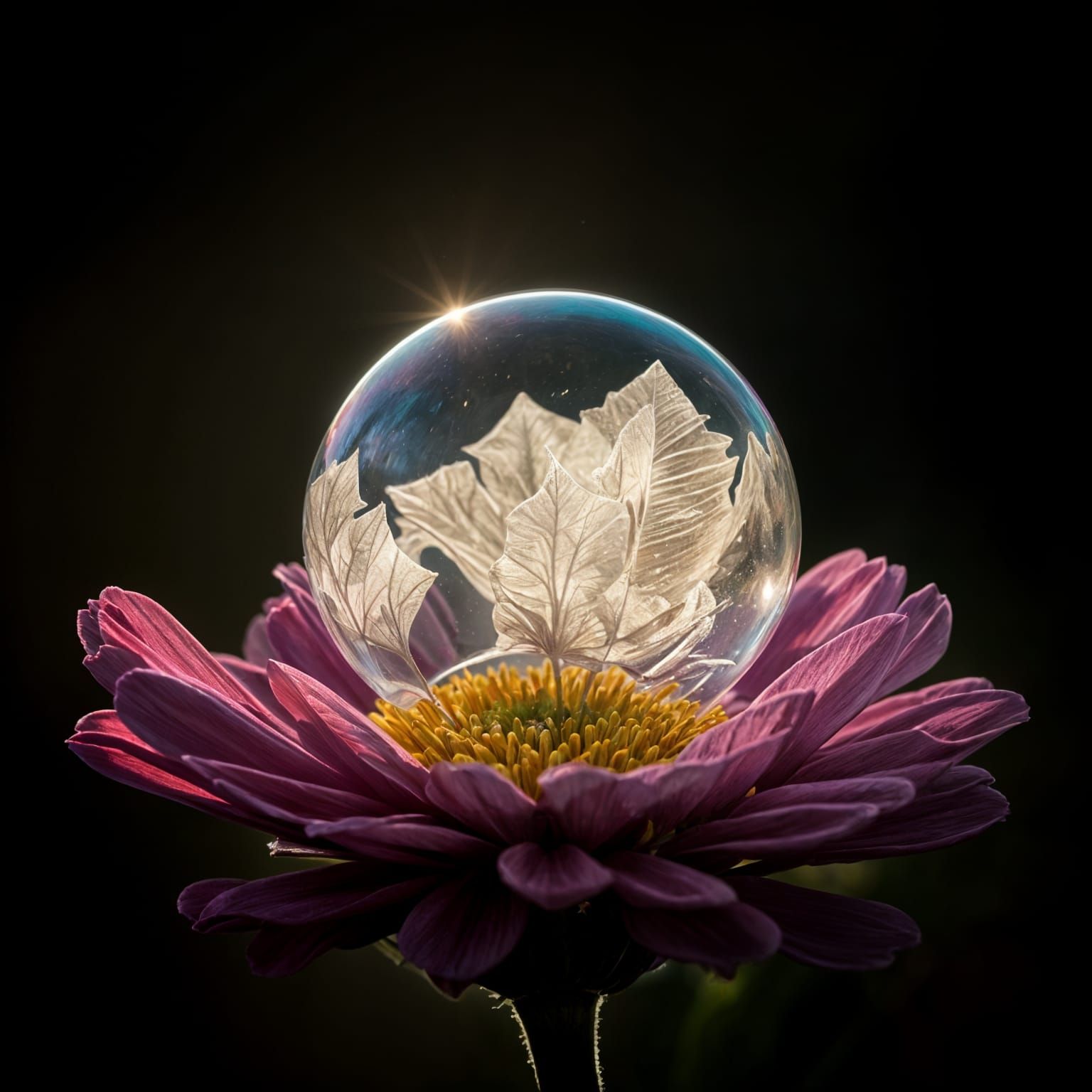 Frozen Flower Soap Bubble in Cinematic Film Style