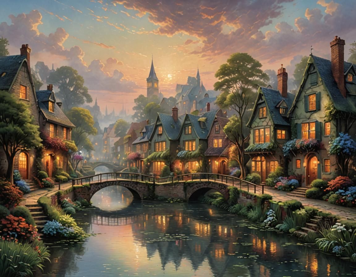 Sunset Over Canal Houses in Ethereal Style