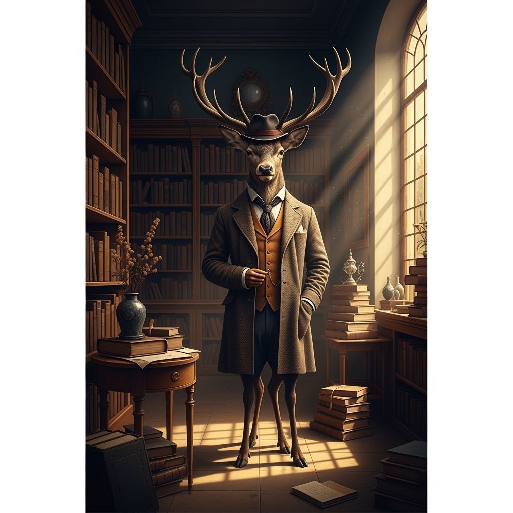 Steampunk Stag in Tweed in Victorian Bookshop Oil Painting