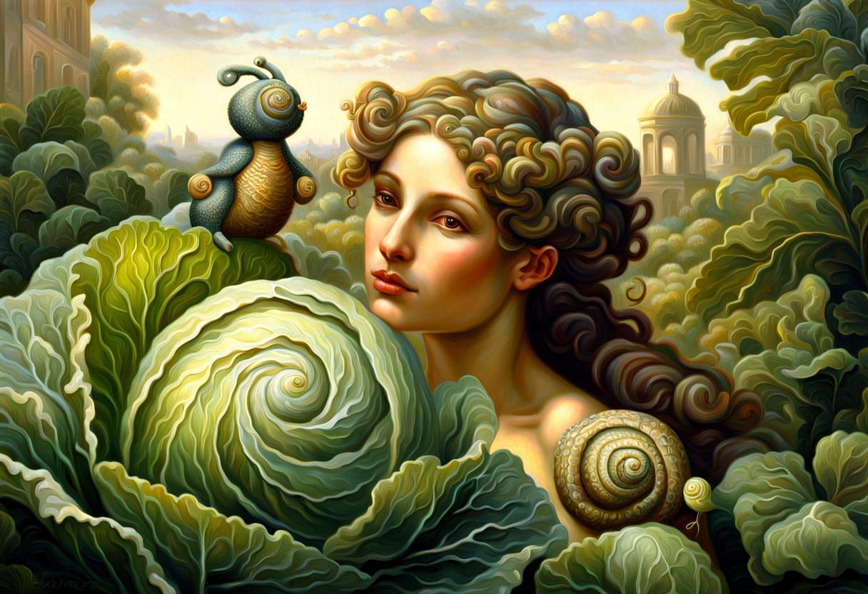 Cabbage-Man and Snail Garden Meeting: Neoclassical Oil Paint...