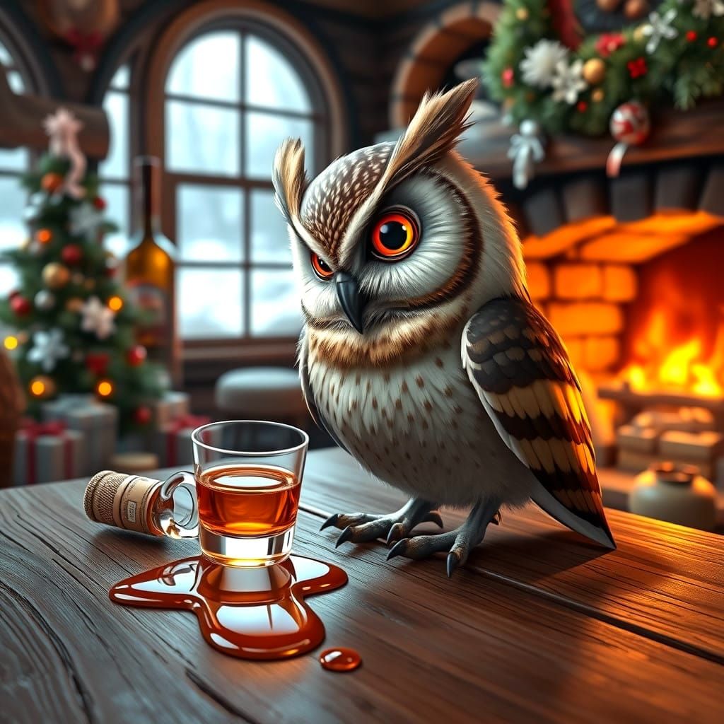 Whiskey-Sipping Owl Chick in Cozy Winter Scene