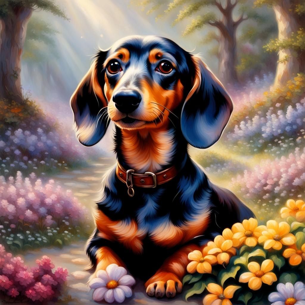 Dachshund in Ethereal Floral Fantasy Landscape