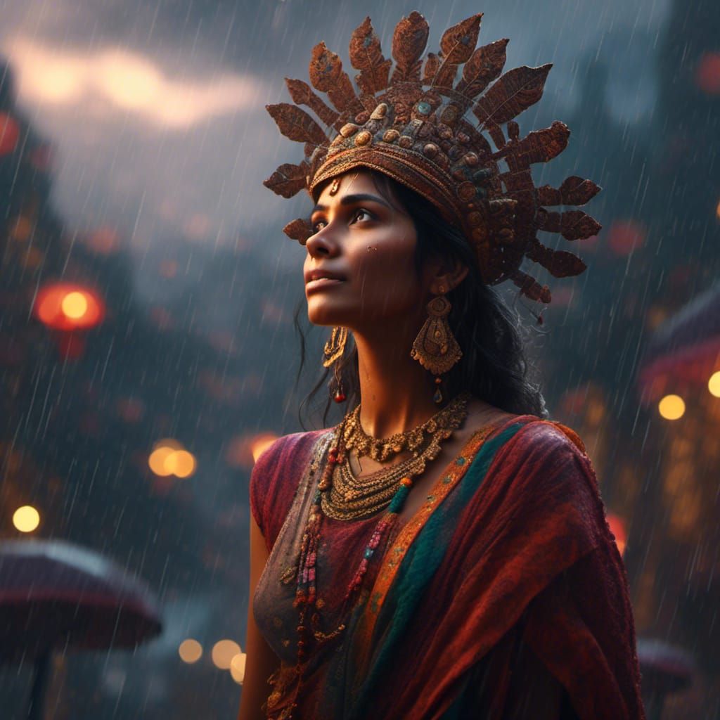 Indian Woman in Rain: Detailed Fantasy Concept Art
