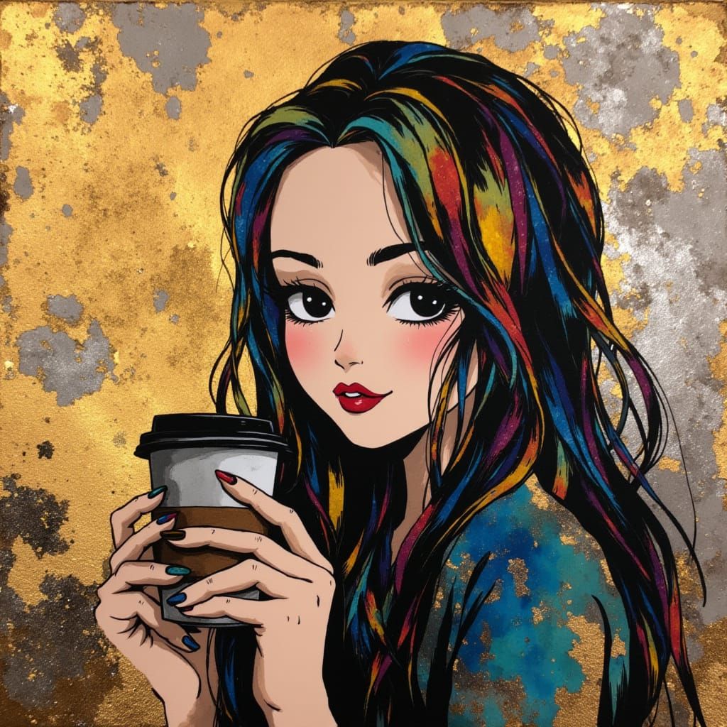 Woman with Rainbow Hair Holding Coffee, Mixed Media Art