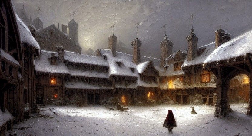 Winter Cottages in Medieval Courtyard: Renaissance Oil Paint...