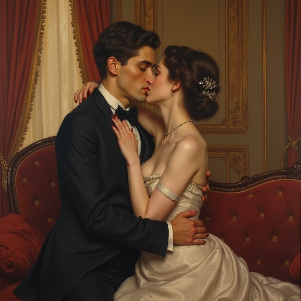 Elegant Couple in Luxurious Boudoir Oil Painting