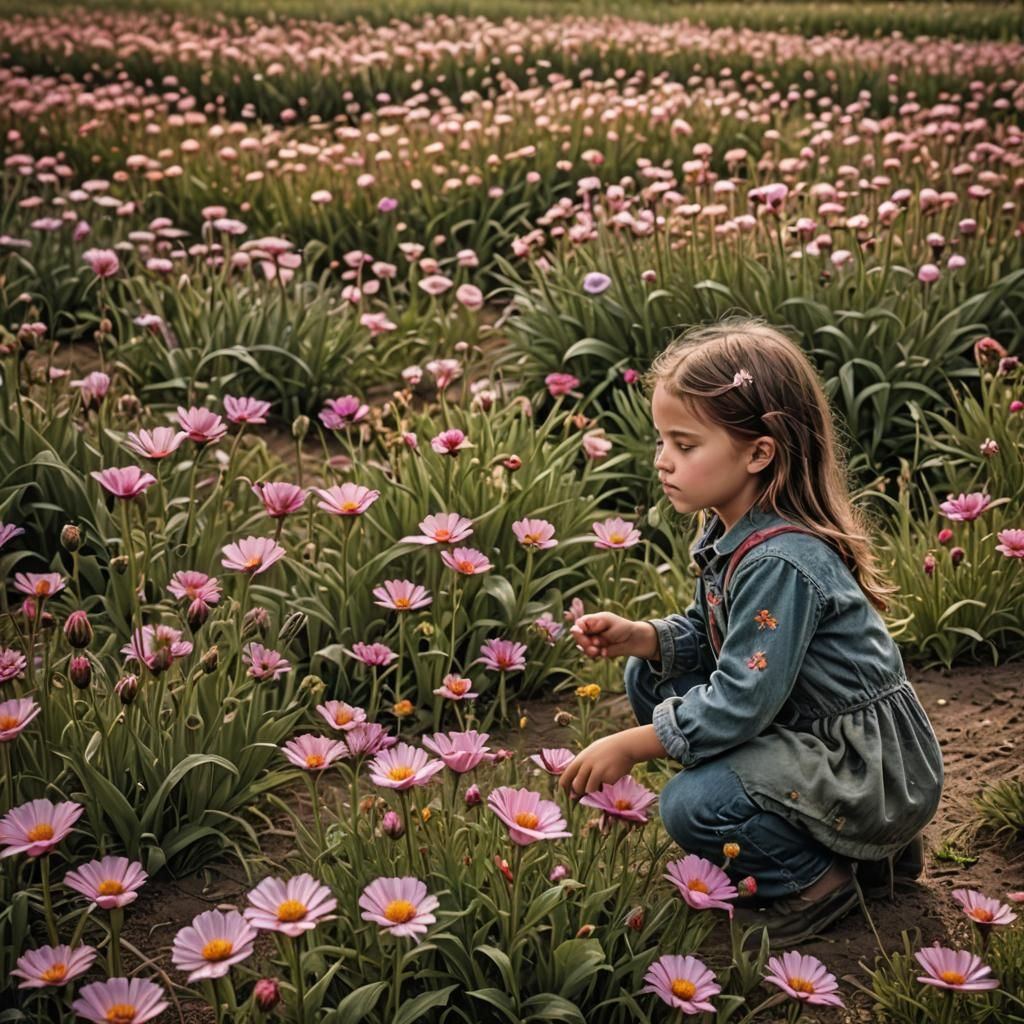 Girl Smelling Flower in Hyperrealistic Field