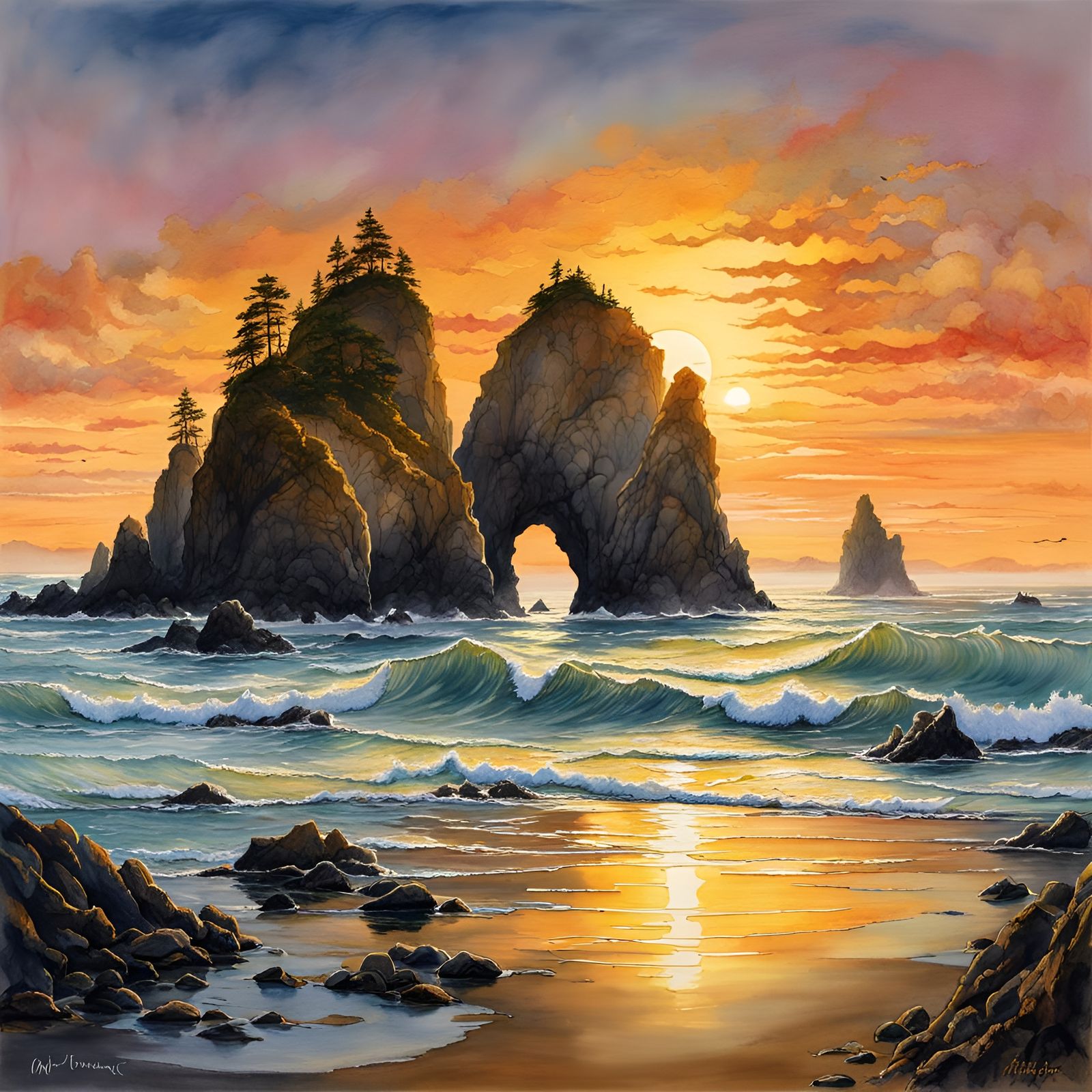 Pacific Sunset at Oceanside Beach in Fantasy Art Style