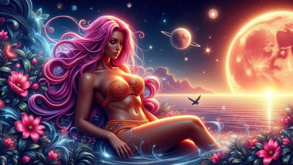 Cosmic Bikini Babe in Art Nouveau Style