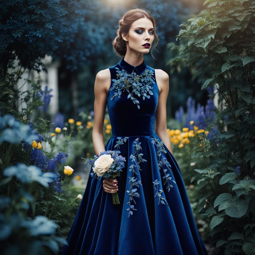 Woman in Velvet Dress in Detailed Garden
