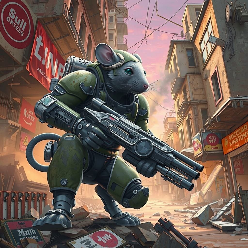 Cyberpunk Rat Warrior Roams Post-Apocalyptic Ruins