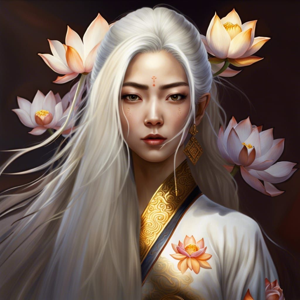 Chinese Woman with Lotus Blossom in Hyperrealistic Style