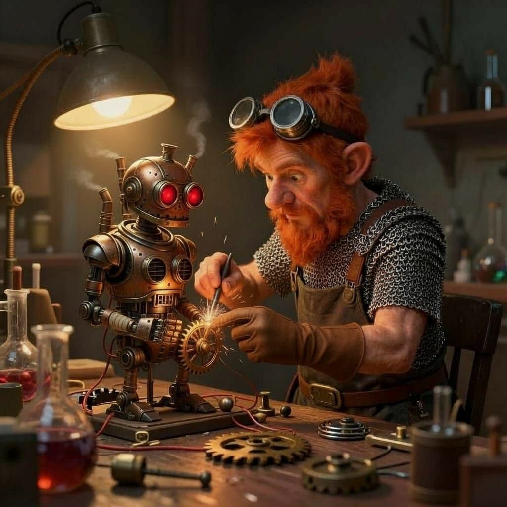 Gnome Artificer Builds Giant Mechanical Assistant in Lab