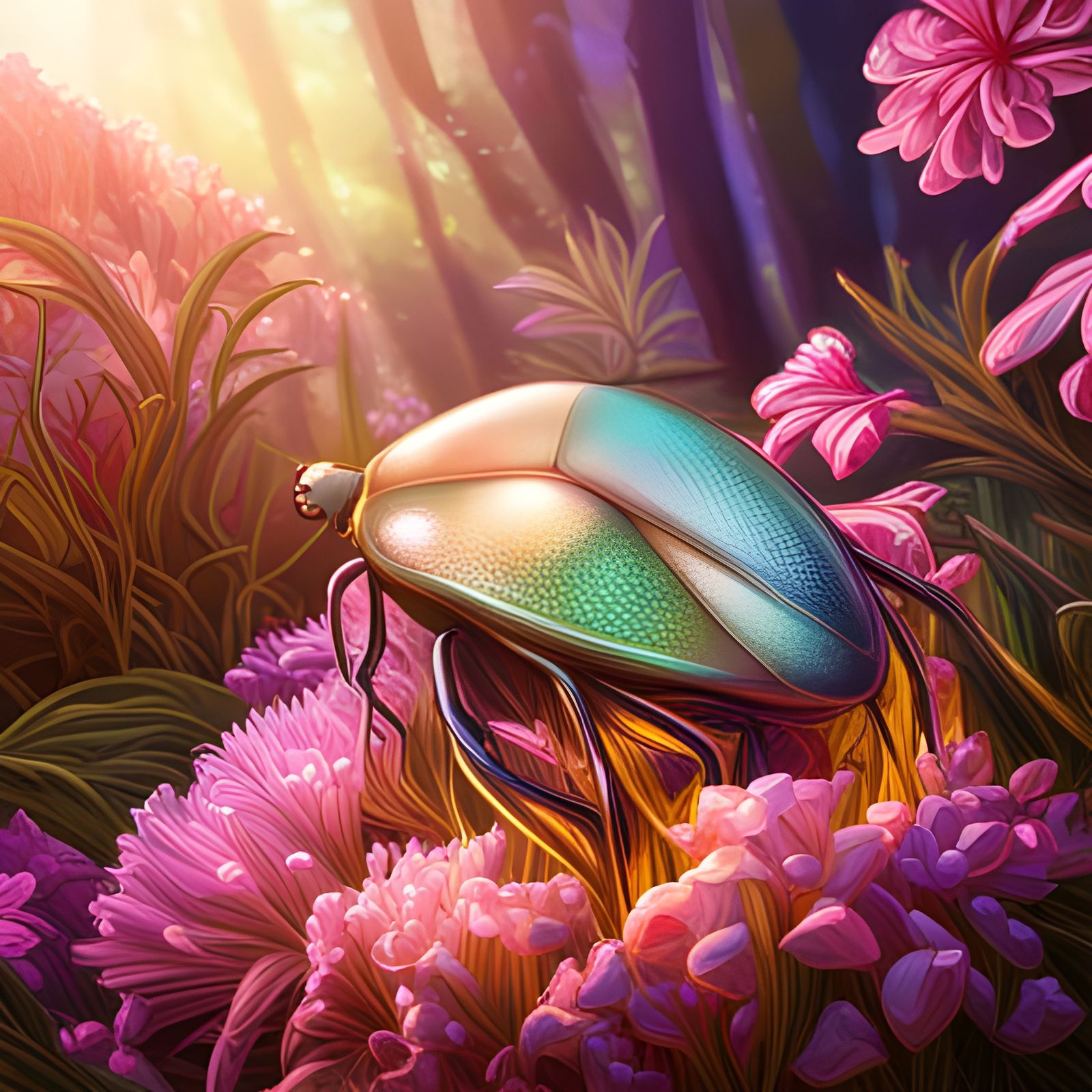 Iridescent Crystal Beetles in Garden, Digital Art