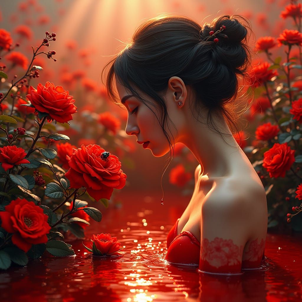 Crimson Woman in Garden of Roses