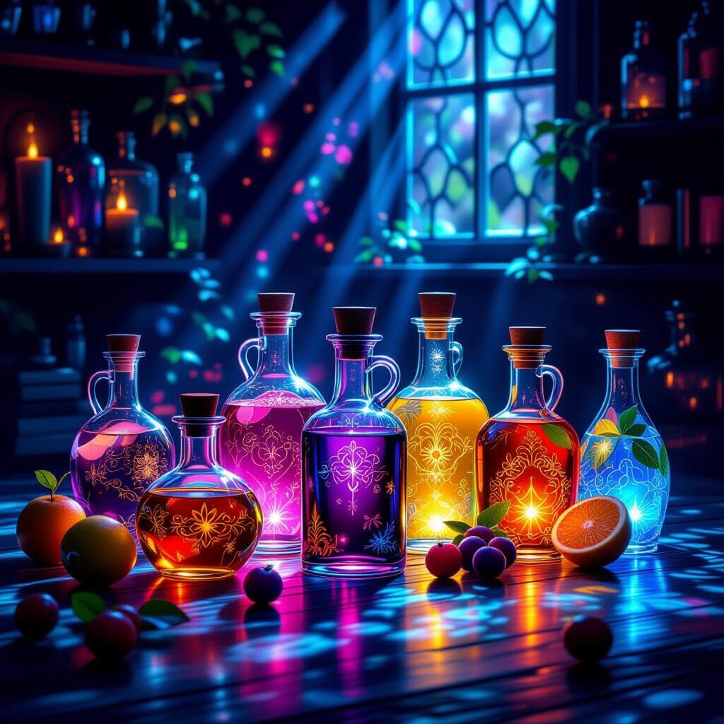 Magical Potions and Drinks in Ornate Bottles